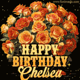Animated bouquet of orange roses with moving butterfles and golden 'Happy Birthday Chelsea' text, surrounded by sparkling accents and a dark backdrop for a luxurious feel.
