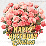 Golden 'Happy Birthday Chelsea' text beneath a vibrant bouquet of orange roses, complete with glittering butterflies and sparkling details.