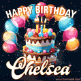 Hand-drawn happy birthday cake adorned with an arch of colorful balloons - name GIF for Chelsea
