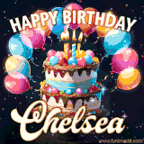 Bright birthday animation for Chelsea with a chocolate cake, candles, balloons, and glowing celebratory lights.