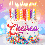 A cheerful white birthday cake with multicolor sprinkles, lit candles, and 'Chelsea' written in vibrant letters, in an animated GIF.