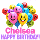 Animated colorful and joyful birthday balloons with cheerful smiles and a bright 'Happy Birthday Chelsea!' message in pink and purple.