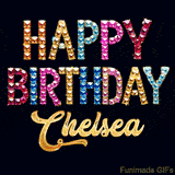 Vibrant luxury birthday greeting card for Chelsea, showing glittering gemstone letters and golden calligraphy on a dark background with twinkling shine effects.