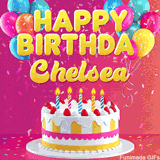 Pink-themed animated greeting with balloons, confetti, and a frosted cake under the message 'Happy Birthday Chelsea' in bold rounded yellow font.