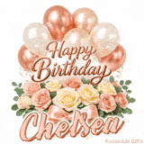 Stylish pink and gold Happy Birthday Chelsea animation with floral decor
