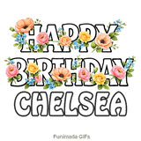 Animated pink and yellow flowers gently moving around the Happy Birthday Chelsea text