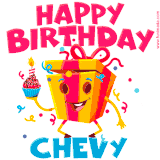 A funny animated birthday GIF with the words 'Happy Birthday Chevya', colorful gift box with arms and legs, holding a cupcake with a lit candle  with confetti everywhere.
