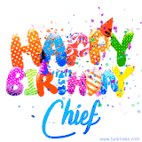 Animated GIF with colorful, festive 'Happy Birthday Chief' text decorated with patterns, a party hat, and falling confetti. A vibrant and cheerful design for birthday celebrations.