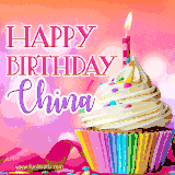 A vibrant birthday GIF featuring a rainbow-colored cupcake topped with white frosting, sprinkles, and a lit candle. The text reads 'Happy Birthday China' in bold pink and violet letters with white outline.
