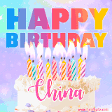 A vibrant animated name GIF with the words 'Happy Birthday China' with colorful candles on a creamy cake. The background sparkles with pastel shades, adding a festive touch.