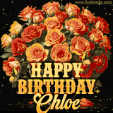 Animated bouquet of orange roses with moving butterfles and golden 'Happy Birthday Chloe' text, surrounded by sparkling accents and a dark backdrop for a luxurious feel.