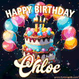 Bright birthday animation for Chloe with a chocolate cake, candles, balloons, and glowing celebratory lights.