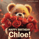 Cinematic style cute animated teddy bear with charming features holding a large bouquet of red roses, the words say 'Happy Birthday Chloe' in sans serif font.