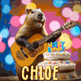 Animated birthday GIF showing a capybara playing guitar and singing beside a birthday cake with the name Chloe in large letters and colorful bokeh lights in the background.