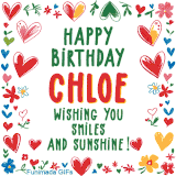 A colorful animated card for Chloe’s birthday featuring playful hearts, cheerful flowers, and a handwritten message wishing smiles and sunshine.
