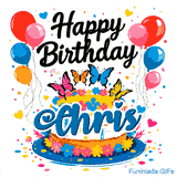 Cheerful animated birthday greeting with a custom nameplate for Chris, featuring balloons, hearts, and butterflies.