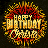 Golden 'Happy Birthday Christa' text accompanied by animated rainbow fireworks for a festive animated greeting.