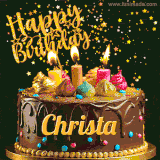 A delightful chocolate birthday cake with bright candles and 'Happy Birthday Christa' written in gold amidst a shower of animated stars.