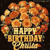 Animated bouquet of orange roses with moving butterfles and golden 'Happy Birthday Christa' text, surrounded by sparkling accents and a dark backdrop for a luxurious feel.