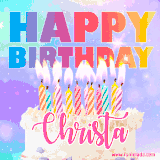 A vibrant animated name GIF with the words 'Happy Birthday Christa' with colorful candles on a creamy cake. The background sparkles with pastel shades, adding a festive touch.