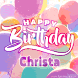 A vibrant name GIF featuring colorful balloons in shades of pink, orange, and yellow with the bold text 'Happy Birthday Christa' in festive fonts, creating a lively birthday vibe.