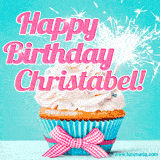 A festive cupcake with pink icing, a gingham bow, and a lit animated sparkler, paired with 'Happy Birthday Christabel!' in bright pink text.
