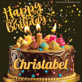 A delightful chocolate birthday cake with bright candles and 'Happy Birthday Christabel' written in gold amidst a shower of animated stars.
