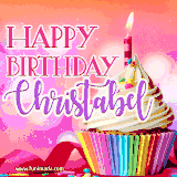 A vibrant birthday GIF featuring a rainbow-colored cupcake topped with white frosting, sprinkles, and a lit candle. The text reads 'Happy Birthday Christabel' in bold pink and violet letters with white outline.