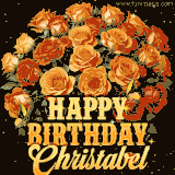 Animated bouquet of orange roses with moving butterfles and golden 'Happy Birthday Christabel' text, surrounded by sparkling accents and a dark backdrop for a luxurious feel.