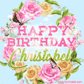 A charming animated GIF featuring 'Happy Birthday Christabel' in pink and green text, surrounded by delicate roses, leaves, and fluttering butterflies on a soft light blue pastel background.