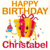 A vibrant and funny gift box character with a happy face dancing with a cupcake and the text 'Happy Birthday Christabel,' surrounded by animated confetti and party vibes.