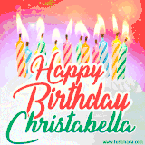 Bright birthday candles with rainbow flames on a cake, alongside the text 'Happy Birthday Christabella' in vibrant script in this celebratory animated GIF.