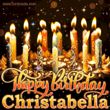A glowing personalized birthday GIF with name Christabella featuring lit candles with intricate designs, warm lighting, and the text 'Happy Birthday' in an elegant font.