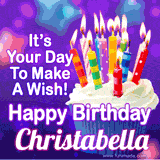 A colorful birthday GIF for Christabella featuring a cupcake with vibrant lit candles and the text 'It's Your Day to Make a Wish! Happy Birthday Christabella' in bold letters on a festive purple background.