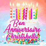 A white birthday cake covered in colorful sprinkles, topped with bright candles, and French text 'Bon Anniversaire Christabella' on a pastel gradient background in an animated GIF.
