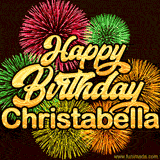 Golden text reading 'Happy Birthday Christabella' surrounded by vibrant fireworks in red, green, and yellow, set against a dark background in this celebratory birthday GIF.