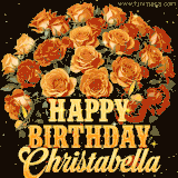 Animated bouquet of orange roses with moving butterfles and golden 'Happy Birthday Christabella' text, surrounded by sparkling accents and a dark backdrop for a luxurious feel.