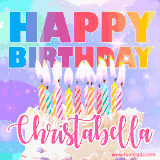A vibrant animated name GIF with the words 'Happy Birthday Christabella' with colorful candles on a creamy cake. The background sparkles with pastel shades, adding a festive touch.