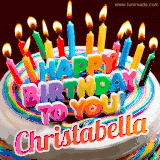 A colorful birthday cake topped with lit candles, with the words 'Happy Birthday Christabella' in bold glowing letters on a burgundy background. Animated flames add a festive touch.
