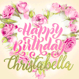 A stunning heart made of pink roses surrounds the elegant script text 'Happy Birthday Christabella' on a soft beige background. Animated sparkles add a magical and festive feel.