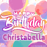 A vibrant name GIF featuring colorful balloons in shades of pink, orange, and yellow with the bold text 'Happy Birthday Christabella' in festive fonts, creating a lively birthday vibe.