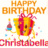 A vibrant and funny gift box character with a happy face dancing with a cupcake and the text 'Happy Birthday Christabella,' surrounded by animated confetti and party vibes.