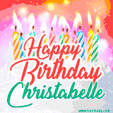 Bright birthday candles with rainbow flames on a cake, alongside the text 'Happy Birthday Christabelle' in vibrant script in this celebratory animated GIF.