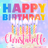 A vibrant animated name GIF with the words 'Happy Birthday Christabelle' with colorful candles on a creamy cake. The background sparkles with pastel shades, adding a festive touch.