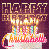 A colorful birthday cake topped with lit candles, with the words 'Happy Birthday Christabelle' in bold glowing letters on a burgundy background. Animated flames add a festive touch.