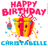 A vibrant and funny gift box character with a happy face dancing with a cupcake and the text 'Happy Birthday Christabelle,' surrounded by animated confetti and party vibes.
