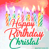 Bright birthday candles with rainbow flames on a cake, alongside the text 'Happy Birthday Christal' in vibrant script in this celebratory animated GIF.