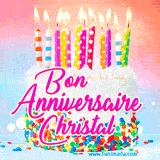 A white birthday cake covered in colorful sprinkles, topped with bright candles, and French text 'Bon Anniversaire Christal' on a pastel gradient background in an animated GIF.
