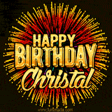 Golden 'Happy Birthday Christal' text accompanied by animated rainbow fireworks for a festive animated greeting.