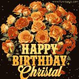 Animated bouquet of orange roses with moving butterfles and golden 'Happy Birthday Christal' text, surrounded by sparkling accents and a dark backdrop for a luxurious feel.